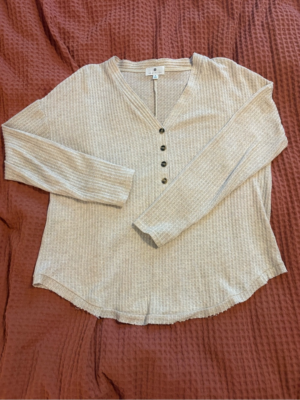 Socialite Light Beige Waffle Henley Top - Women